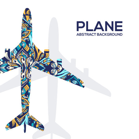 Art flying airplane with abstract colorful ornaments background. Vector decorative national template of culture illustration design conceptのイラスト素材