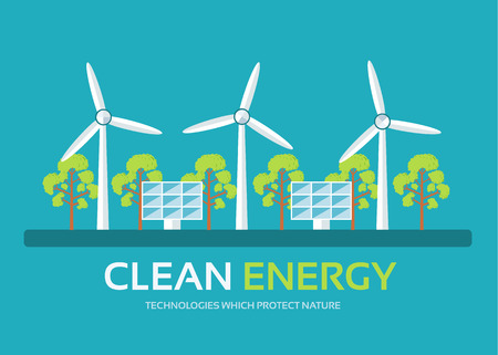 Ecology technology in flat design background concept. Eco clean energy around green tree for protect nature. Icons for your product or illustration, web and mobile applications.のイラスト素材