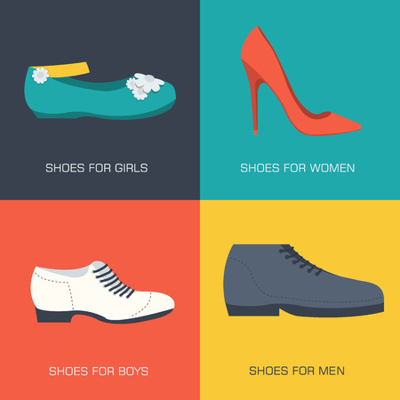fashion shoes for family on flat style. Vector illustration concept banners. Template for website and mobile applianceのイラスト素材
