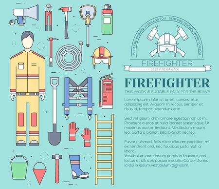 Flat firefighter uniform and first help equipment set and instruments. On flat style background concept. Vector illustration for colorful template for you design, web and mobile applicationsのイラスト素材