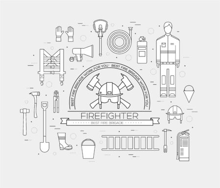 Flat firefighter uniform and first help equipment set and instruments. On flat style background concept. Vector illustration for colorful template for you design, web and mobile applicationsのイラスト素材