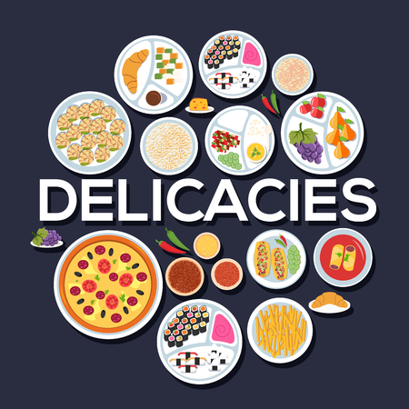 Delicacy set circle infographics template concept. Icons design for your product or design, web and mobile applications. Vector flat with long shadow illustration on blue backgroundのイラスト素材