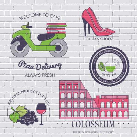 Italy country set label. Template of emblem element for your product or design, web and mobile applications with text. Vector illustration with thin lines isolated icons on stamp symbol.のイラスト素材