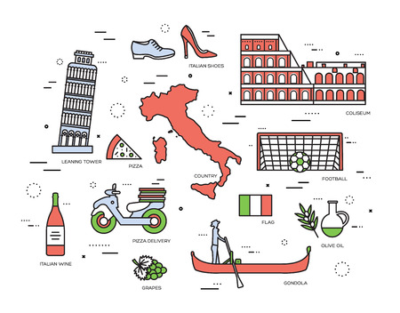 Country Italy trip guide of goods, places in thin lines style design. Set of architecture, fashion, people, items, nature background concept. Infographic template for web and mobile on vector flatのイラスト素材