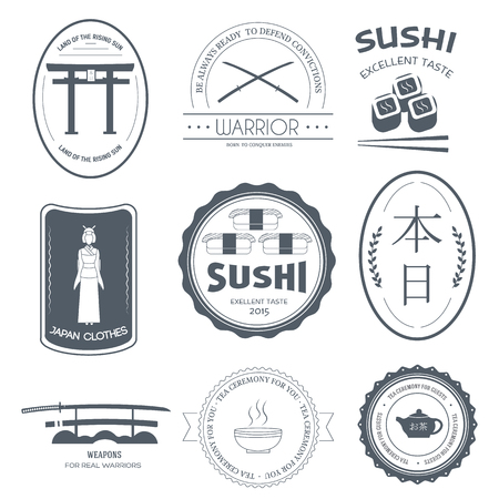 Country Japan label template of emblem element for your product or design, web and mobile applications with text. Vector illustration with thin lines isolated icons on stamp symbolのイラスト素材