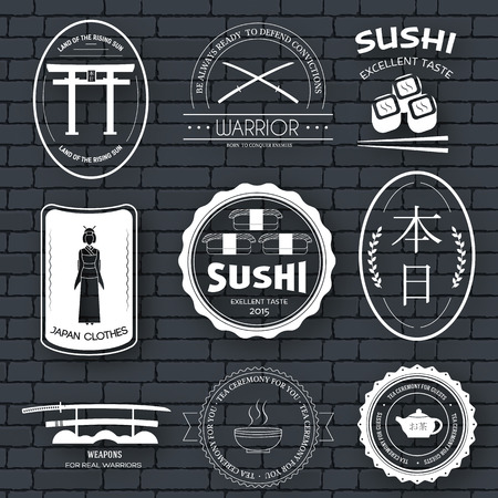 Country Japan label template of emblem element for your product or design, web and mobile applications with text. Vector illustration with thin lines isolated icons on stamp symbolのイラスト素材
