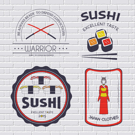 Country Japan label template of emblem element for your product or design, web and mobile applications with text. Vector illustration with thin lines isolated icons on stamp symbolのイラスト素材