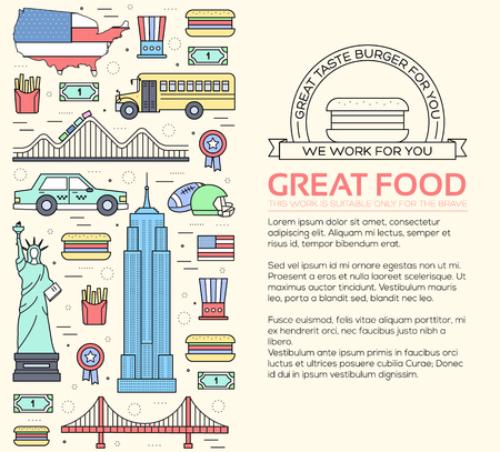 Country USA travel vacation guide of goods, places and features. Set of architecture, foods, sport, items, nature background concept. Infographics template design for web and mobile. On thin linesのイラスト素材