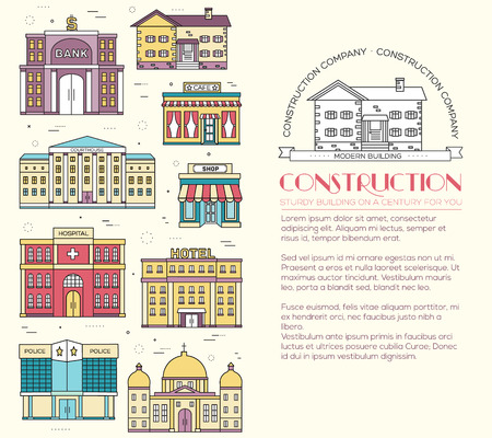 Thin lines colorful vector city buildings set. Icon background concept design. Architecture construction: courthouse, home, museum, skyscraper, hospital, hotel, opera, theater. Vector urban landscapeのイラスト素材