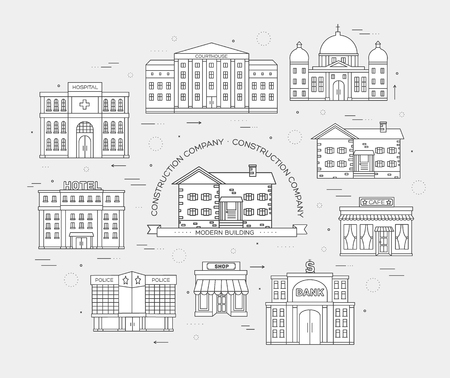 Thin lines colorful vector city buildings set. Icon background concept design. Architecture construction: courthouse, home, museum, skyscraper, hospital, hotel, opera, theater. Vector urban landscapeのイラスト素材