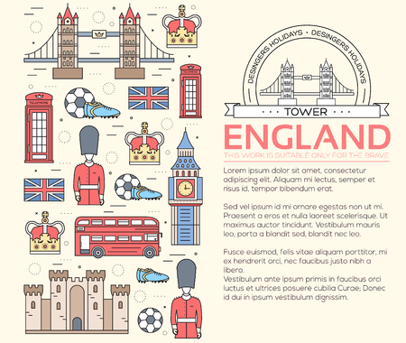 Country England travel vacation guide of goods, places in thin lines style design. Set of architecture, people, sport, icons background concept. Infographics template for web and mobile on vector flatのイラスト素材
