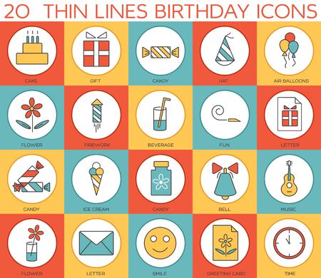 Line icons set of  happy birthday collection concept. Modern vector pictogram with flat design elements designのイラスト素材