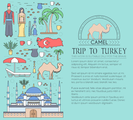 Country Turkey travel vacation guide of goods, places and features. Set of architecture, fashion, people, items, nature background concept. Infographic template for web and mobile on thin lines styleのイラスト素材