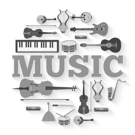 Music instruments circle infographics template concept. Icons design for your product or design, web and mobile applications. Vector flat with long shadow illustration backgroundのイラスト素材