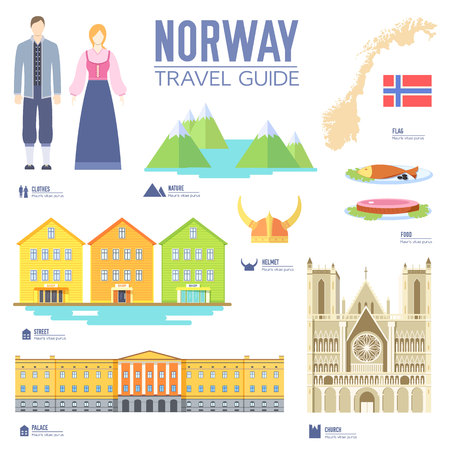 Country Norway travel vacation guide of goods, places and features. Set of architecture, people, culture, icons background concept. Infographics template design for web and mobile. On flat styleのイラスト素材