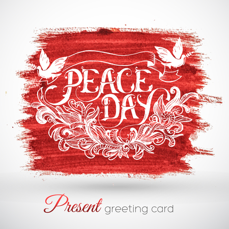 Greeting card for the holiday Peace day. Calligraphy with abstract decor ornament illustration. Template for invitation backgroundのイラスト素材