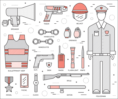 police uniform and set protection staff equipment in the closet office. On flat in thin lines style design background concept. Vector illustration for colorful template, web and mobile applicationsのイラスト素材