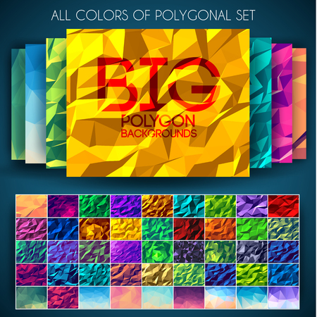 Big set of polygonal colorful backgrounds. Geometric collection art concept, technology, nature, color, motifs, elements. Vector abstract template for greeting card or invitation design illustrationのイラスト素材