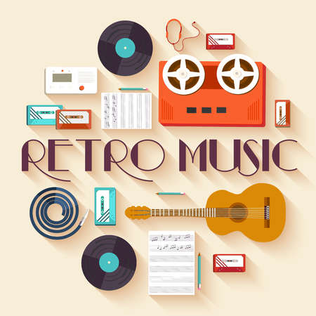 Retro equipment music set circle infographics template concept. Icons design for your product or design, web and mobile applications. Vector flat with long shadow illustration on blue backgroundのイラスト素材