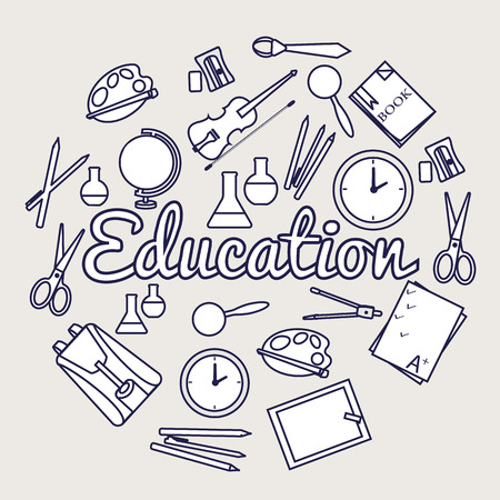 Education circle concept. Back to school elements of illustration flat icons background. Thin lines outline design infographics templateのイラスト素材