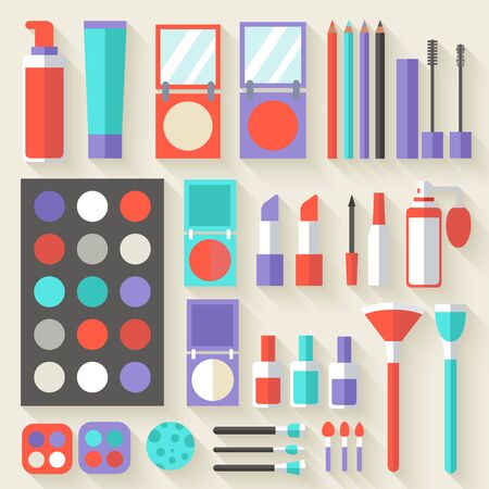 Flat women makeup cosmetics lying on the table with a mirror background concept. Vector illustration design templateのイラスト素材