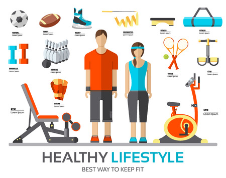 Sport life stile infographic with gym device, equipment and items. Training apparatus on a flat design style. Vector illustration workout concept icons setのイラスト素材