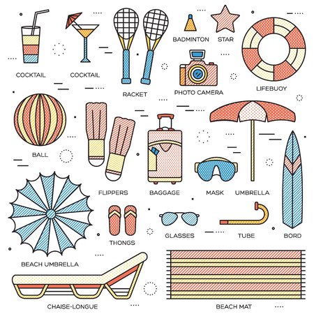 Summer vacation concept in thin lines style design. Beach umbrella, lifebuoy, diving, equipment, towel, ocean, supplie, landscape. Vector abstract template for greeting card or invitationのイラスト素材