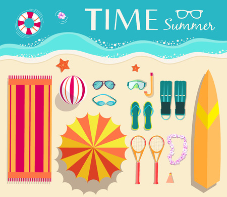 Flat summer vacation supplie on landscape background. Beach umbrella, lifebuoy, diving, equipment, towel, ocean with label logo concept. Vector abstract template for greeting card or invitation designのイラスト素材