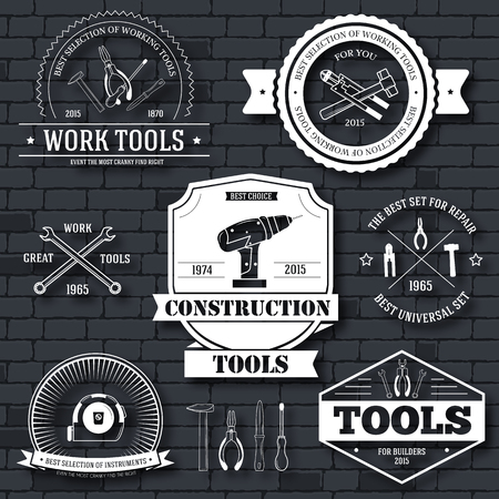 work tools set label template of emblem element for your product or design, web and mobile applications with text. Vector illustration with thin lines isolated icons on stamp symbol.のイラスト素材