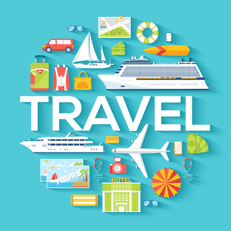 Travel circle infographics template concept. Icons design for your product or design, web and mobile applications. Vector flat with long shadow illustration backgroundのイラスト素材