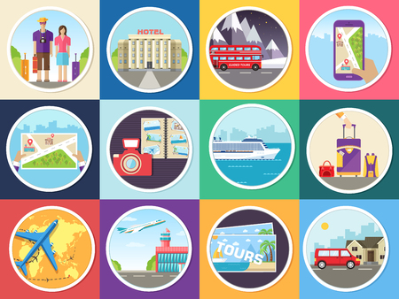 Set tourism with fast travel of the world concepts infographic. Vacation tour locations and items. Trip on the water, on land, in the air. Flat design style. Vector illustration iconsのイラスト素材