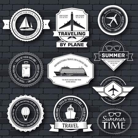 Travel set label template of emblem element for your product or design, web and mobile applications with text. Vector illustration with thin lines isolated icons on stamp symbolのイラスト素材