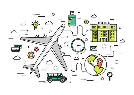 Thin line travel vacation modern illustration concept. Infographic guide way from the plane to the hotel. Icons isolated on white background. Flat vector template design for web and mobile applicationのイラスト素材