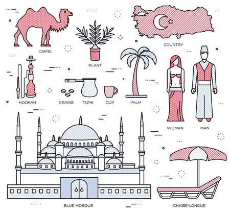 Country Turkey travel of goods, places and features in thin lines style design. Set of architecture, fashion, people, items, nature background concept. Infographic template for web and mobile on flatのイラスト素材