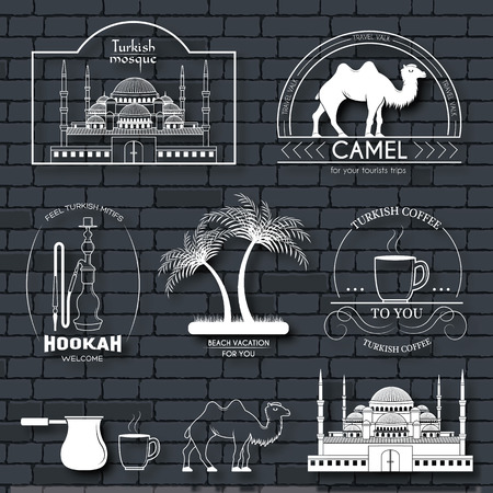 Turkey country set label. Template of emblem element for your product or design, web and mobile applications with text. Vector illustration with thin lines isolated icons on stamp symbol.のイラスト素材