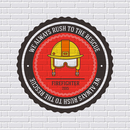 firefighter label template of emblem element for your product or design, web and mobile applications with text. Vector illustration with thin lines isolated icons on stamp symbolのイラスト素材