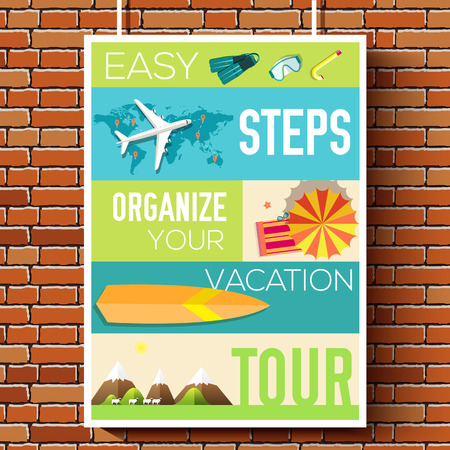 easy steps organize for your vacation tour flyer with infographics and placed text. Illustrated guide travel background. Book cover template design for web and mobile application on flat styleのイラスト素材