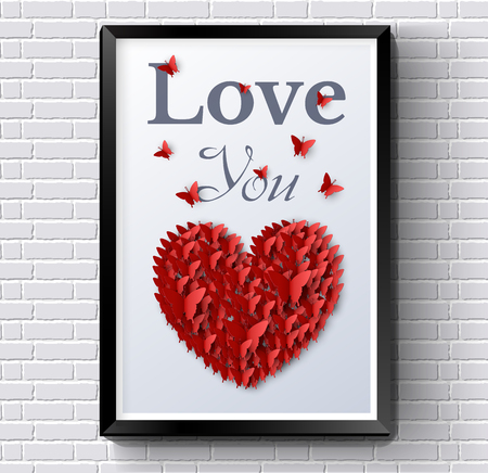 heart of red paper butterflies template with green background on white wall. With text love you. Vector illustration for your product or design, web and mobile applications.のイラスト素材