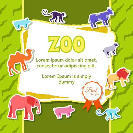 Zoo animals elements on green background poster in sticker style design. Vector illustration template card illustration conceptのイラスト素材
