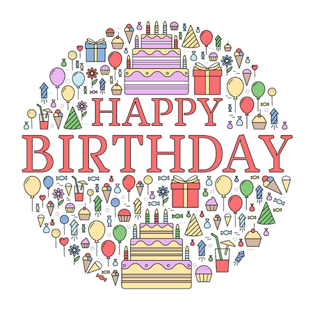 Flat happy Birthday festive background with confetti icons set. Thin lines style designのイラスト素材