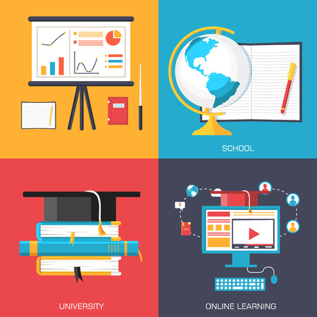 Education distance, online and academic school variations concept backgrounds in retro flat style design.のイラスト素材