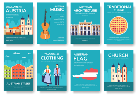 Country Austria travel vacation guide of goods, places and features. Set of architecture, fashion, people, items, nature background concept. Infographic template for web and mobile on flat styleのイラスト素材