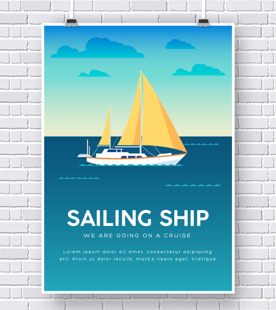 Yacht on water illustration on brick wall background concept designのイラスト素材