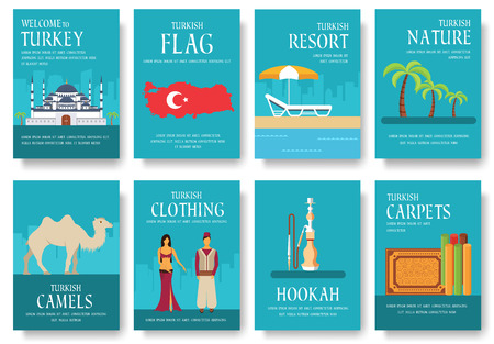 Country Turkey travel vacation guide of goods, places and features. Set of architecture, fashion, people, items, nature background concept.  Infographic template for web and mobile on flat styleのイラスト素材