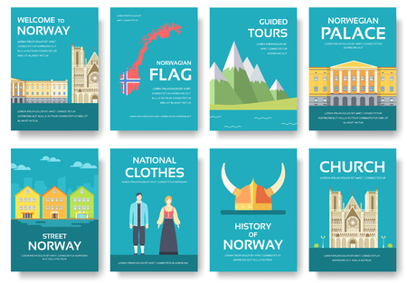 Country Norway travel vacation guide of goods, places and features. Set of architecture, fashion, people, items, nature background concept.  Infographic template for web and mobile on flat styleのイラスト素材