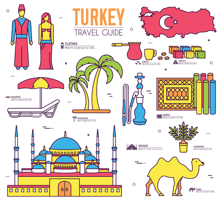 Country Turkey travel of goods, places and features in thin lines style design. Set of architecture, fashion, people, items, nature background concept. Infographic template for web and mobile on flatのイラスト素材