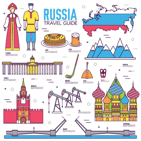 Country Russia travel vacation guide of goods, places and features. Set of architecture, people, culture, icons background concept. Infographics template design for web and mobile. On thin lines styleのイラスト素材