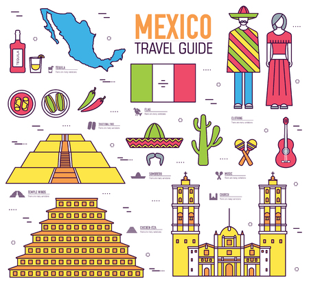 Country Mexico travel vacation guide of goods, places and features. Set of architecture, food, fashion, items, nature background concept. Infographics template design. On thin lines styleのイラスト素材