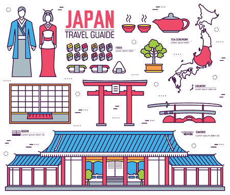 Country Japan trip of goods, places and features in thin lines style design. Set of architecture, fashion, people, items, nature background concept. Infographic template  for web and mobile on flatのイラスト素材