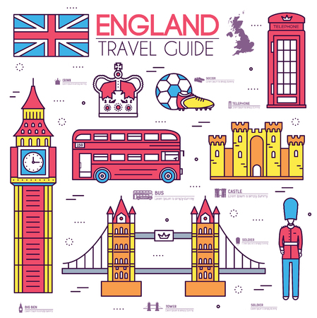 Country England travel vacation guide of goods, places in thin lines style design. Set of architecture, people, sport, icons background concept. Infographics template for web and mobile on vector flatのイラスト素材